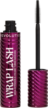 REVOLUTION Wrap Lash tubing mascara. Fioletowa, prążkowana tuba, otwarta z czarną szczoteczką do mega objętości.