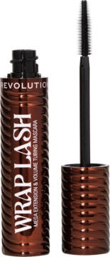 Brązowy Revolution Wrap Lash Tubing Mascara, otwarty z aplikatorem. Metaliczna, żeberkowa tuba dla objętości.