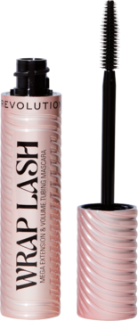 Revolution Wrap Lash Tubing Mascara, różowo-złota tubka z reliefem, czarny pędzelek uniesiony.