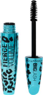 Otwarty tusz do rzęs Big Lash Fierce Volume Waterproof w turkusowej tubie w cętki, obok czarna szczoteczka.