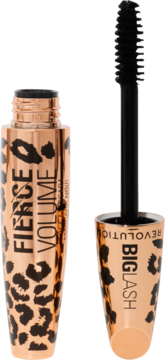 Mascara Revolution Big Lash Fierce Volume otwarta, w różowo-złotej tubce z leopardzie cętki, ze szczoteczką.