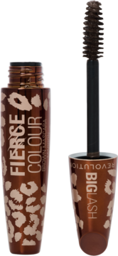 Rewolucja Big Lash Fierce Colour brązowy tusz do rzęs w otwartej tubce z leopardzie cętki, obok szczoteczka.