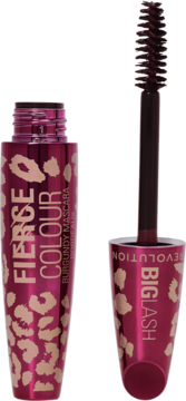 Otwarty tusz Revolution Big Lash Fierce Colour Wiśniowy, tuba z leopardzie wzorem, wyjęta szczoteczka z tuszem.