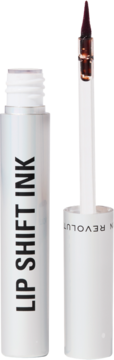 Lip Shift Ink Peel Off Lipliner. Otwarta srebrna tubka z czarnym napisem. Aplikator z ciemnym, burgundowym tintem.