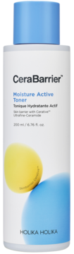 Holika Holika CeraBarrier Moisture Active Toner w białej butelce z niebieską nakrętką, widok z przodu, z żółtymi i niebieskimi kształtami.