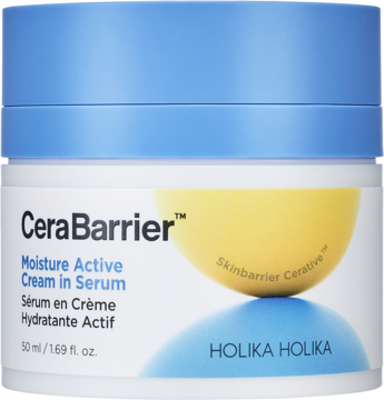 Holika Holika CeraBarrier Cream in Serum 50ml, biały słoik z niebieską nakrętką i żółto-niebieską etykietą, z przodu.