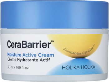 Biały słoik kremu CeraBarrier Moisture Active Cream Holika Holika z niebieską nakrętką, widok z przodu.