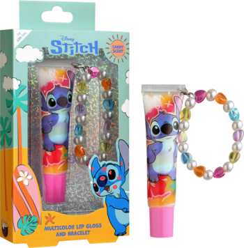 Zestaw Disney Stitch: balsam do ust w kształcie Stitcha i wielobarwna bransoletka w turkusowym pudełku, widok z przodu.