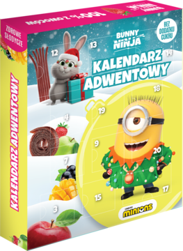 Kalendarz adwentowy Bunny Ninja z Minionkami i króliczkiem, 24 okienka, zdrowe owocowe przekąski, widok z przodu.
