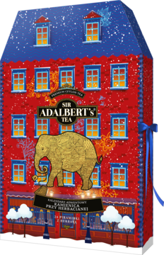 Kalendarz adwentowy Sir Adalbert's Tea, czerwony Dom Herbaciany z oknami, niebieskim dachem, logo słonia.