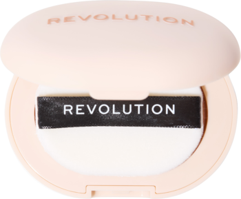 Revolution Powder Pops Instant Blur Setting Powder, otwarty, jasny kompakt z białym puszkiem i logo.
