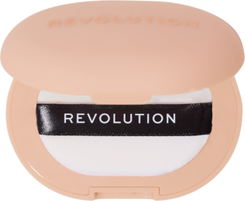 Revolution Powder Pops Instant Blur Setting Powder. Otwarte beżowe opakowanie z białą gąbeczką z logo.
