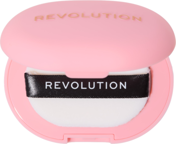 Różowy, otwarty puder prasowany Revolution Powder Pops Instant Blur z puszkiem, widocznym złotym napisem.