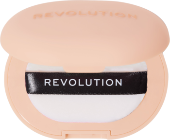 Revolution Powder Pops Instant Blur Setting Powder, otwarty, beżowy puder prasowany z białym puszkiem do makijażu.