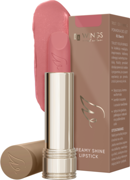 Różowa pomadka Creamy Shine Lipstick Trust Your Wings w złotej tubie, otwarta, z widocznym sztyftem i opakowaniem.