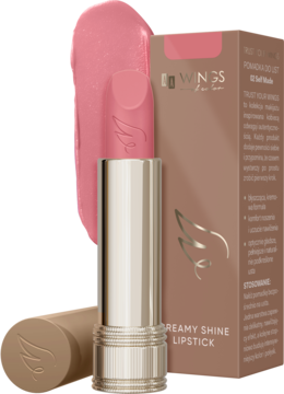 Delikatna różowa pomadka I WINGS Creamy Shine Lipstick z otwartą sztyftem i pudełkiem w tle.