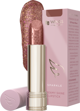 Różowo-złota pomadka Wings Sparkle Creamy Shine w otwartym sztyfcie z brokatem, widoczne logo, obok pudełko.