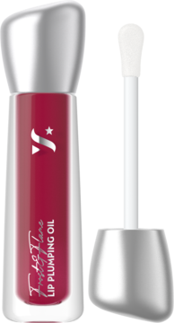 Ciemnoróżowy olejek powiększający Pretty & Flame Lip Plumping Oil w butelce ze srebrną nakrętką i aplikatorem.