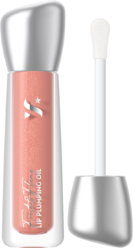 Olejek do ust Too Faced LIP PLUMPING OIL, brzoskwiniowy, z aplikatorem, srebrna nakrętka, na czarnym tle.