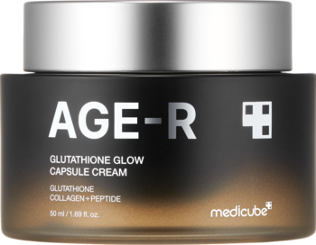 Krem przeciwzmarszczkowy Medicube AGE-R Glutathione Glow Capsule Cream w czarnym słoiku z srebrną nakrętką, przód.