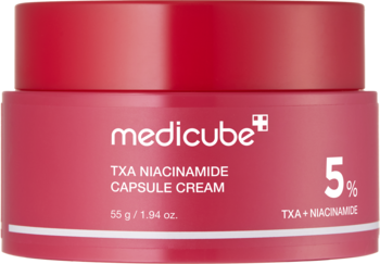 Okrągły, czerwony słoiczek Medicube TXA Niacinamide Capsule Cream 5% rozjaśniający, widok frontalny.