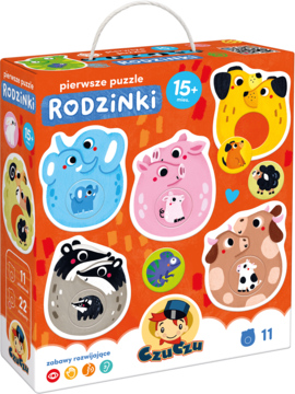 Edukacyjne puzzle CzuCzu RODZINKI w pomarańczowym kartonie, z wizerunkami zwierząt i ich młodych, widok z przodu.