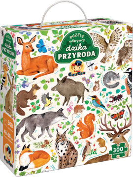 Pudełko puzzli edukacyjnych 'Dzika Przyroda', 300 elementów, z uchwytem, ilustracjami leśnych zwierząt.