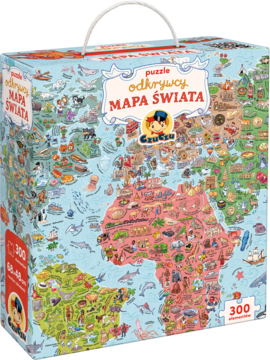 Edukacyjne puzzle Czuczu Odkrywcza Mapa Świata 300 el., barwne pudełko z rączką, widok z przodu.