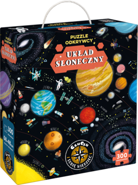 Edukacyjne puzzle Układ Słoneczny 300 el. Widok kolorowego pudełka z ilustracją planet, statków i astronautów na tle kosmosu.
