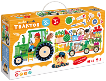 Pudełko puzzli podłogowych Traktor Czuczu 2+ z zielonym traktorem, zwierzętami i narzędziami, widok z góry pod kątem.