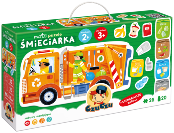 Puzzle podłogowe CzuCzu Śmieciarka w zielonym, kartonowym pudełku z uchwytem, widok z przodu. Grafika uczy segregacji śmieci.