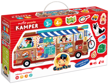 CzuCzu puzzle kamper, 45 el. + 18 obrazków, czerwone pudełko z uchwytem, widok z przodu, ilustracja kampera z dziećmi.