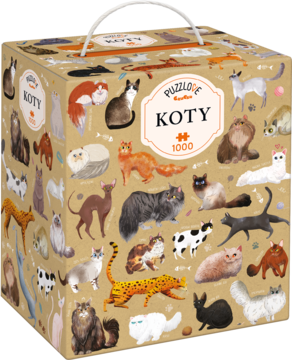 Kartonowe pudełko puzzli KOTY 1000 elementów z uchwytem, bogato ilustrowane różnymi rasami kotów, widok z kąta.
