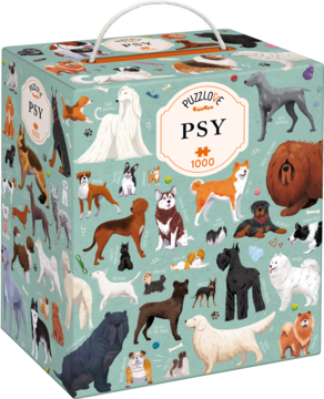 Puzzlove PSY 1000 elementów, pudełko z uchwytem i ilustracjami różnych ras psów, widok z przodu i boku.