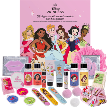 Zestaw: otwarty różowy kalendarz adwentowy Disney Princess z księżniczkami i 24 kosmetykami do ciała.