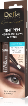 Delia Cosmetics Tint Pen Henna do Brwi w Penie, odcień 3.0 Ciemny Brąz, widok z przodu opakowania z okiem.