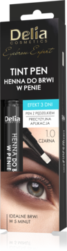 Delia Tint Pen Henna do Brwi 1.0 Czarna w czarnym opakowaniu, z pędzelkiem, efekt 3 dni, widok z przodu.