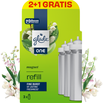 Zielone opakowanie Glade One muguet, odświeżacza powietrza, z trzema srebrnymi wkładami, 2+1 GRATIS.