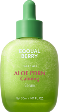 Zielone serum Eqqualberry Aloe PDRN Calming, butelka z dropperem, widok z przodu, koi skórę wrażliwą.