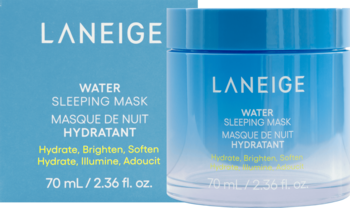 Niebieska maska LANEIGE Water Sleeping Mask w pudełku i słoiczku, widok z przodu. Nawilża, rozjaśnia, wygładza.