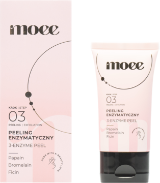 Różowe opakowanie i tubka Moee 3-Enzyme Peel z papainą, bromelainą, ficyną. Enzymatyczny peeling.