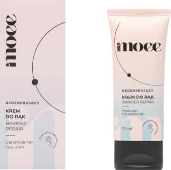 Krem do rąk Moee Barrier Repair 75 ml w różowej tubce, obok opakowanie z logo i Ceramide NP Hyaluron.
