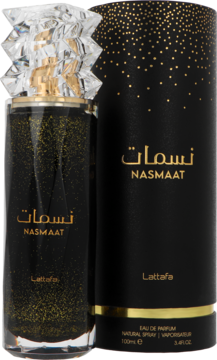 Perfumy arabskie damskie Nasmaat Lattafa w przezroczystym flakonie i czarnym pudełku ze złotymi detalami, widok z przodu.