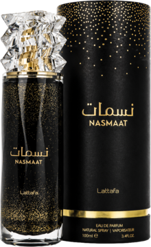 Lattafa Nasmaat woda perfumowana unisex, czarna butelka z kryształową nakrętką i złoceniami, obok pudełko.