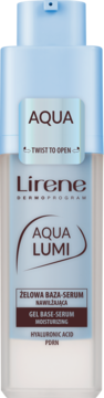 Lirene Aqua Lumi Gel Base-Serum nawilżające, kwas hialuronowy i PDRN, biało-niebieska butelka z pompką, widok przód.