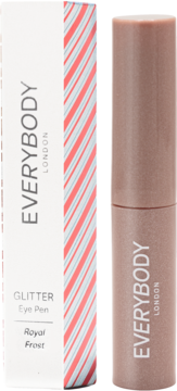 Glitter Eye Pen Royal Frost EVERYBODY LONDON, taupe aplikator i białe pudełko w czerwone paski, widok z przodu.