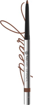 Srebrna, wysuwana kredka Tuli Labs Lipliner 06 z brązową końcówką, na czarnym tle z napisem 'Pearl'.