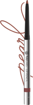 Tuli Labs Lipliner 07, brązowa wysuwana konturówka do ust, srebrny korpus, na czarnym tle z ozdobnym wzorem.