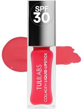 Płynna pomadka TULILABS Collagen Liquid Lipstick SPF 30, intensywny koralowy kolor, butelka na tle smug.