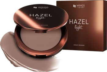 HAZEL LIGHT kremowy bronzer w otwartym, okrągłym miedzianym kompakcie z logo, obok pudełko i próbka koloru.